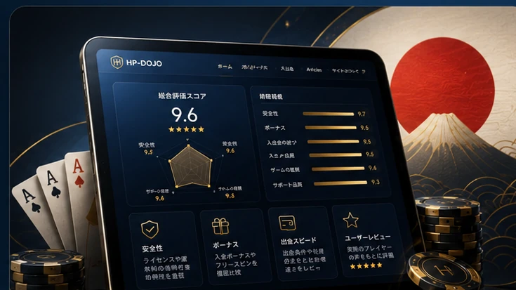 日本国旗と富士山を背景にオンラインカジノ比較画面を表現したHP-DOJOのコンセプトイメージ